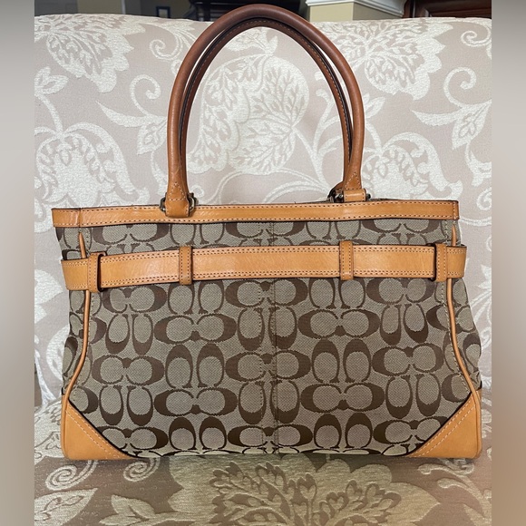 Coach Hampton Signature Tan Canvas Satchel Shoulder Handle Bag Purse F08K0 - Picture 2 of 13